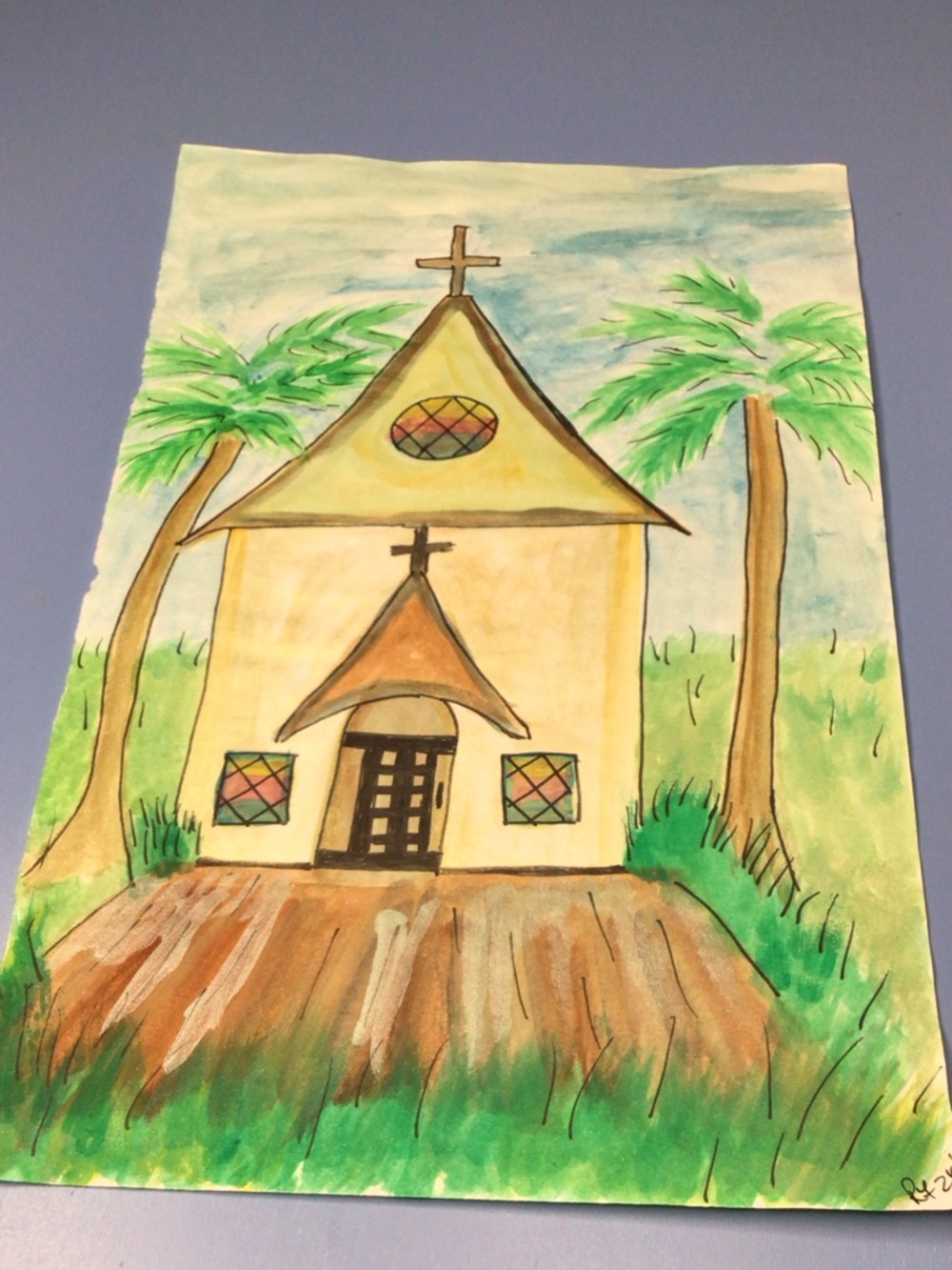Hand-Painted Church Watercolor & ink painting